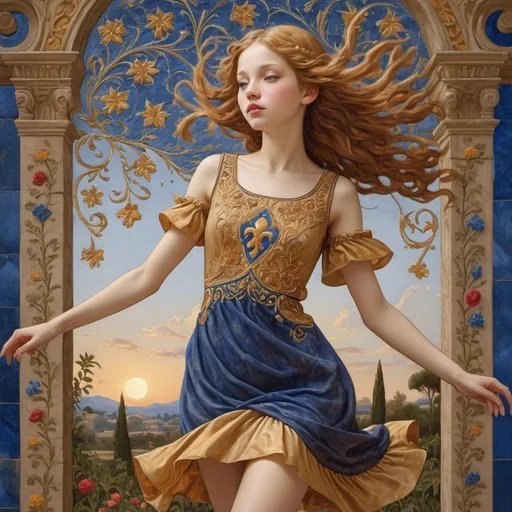 Prompt: Art Mérovingien ,art Gothic,gingerbread-hair girl dancing amidst the embroidered scrolls in a Heaven garden,soft smile,side view,Byzantine art,by Nicolas Poussin,Lawrence Alma-Tadema Eneliaur_alguran,Amy Brown,Lucian Freud, Yoshitomo Nara,Hildebrandt Brothers, dancing, golden rubis lapis spinel fantastic short dress embroidered with fleur-de-lis,bright, highly detailed face and body,splash, Glittering, cute and adorable,fantasy  stained glass, stunning, soft and deep summer sunset sky,mythical being,breathtaking beauty,pure perfection,golden ratio,shadow play,perfect lights, Majestic, sense of depht, 