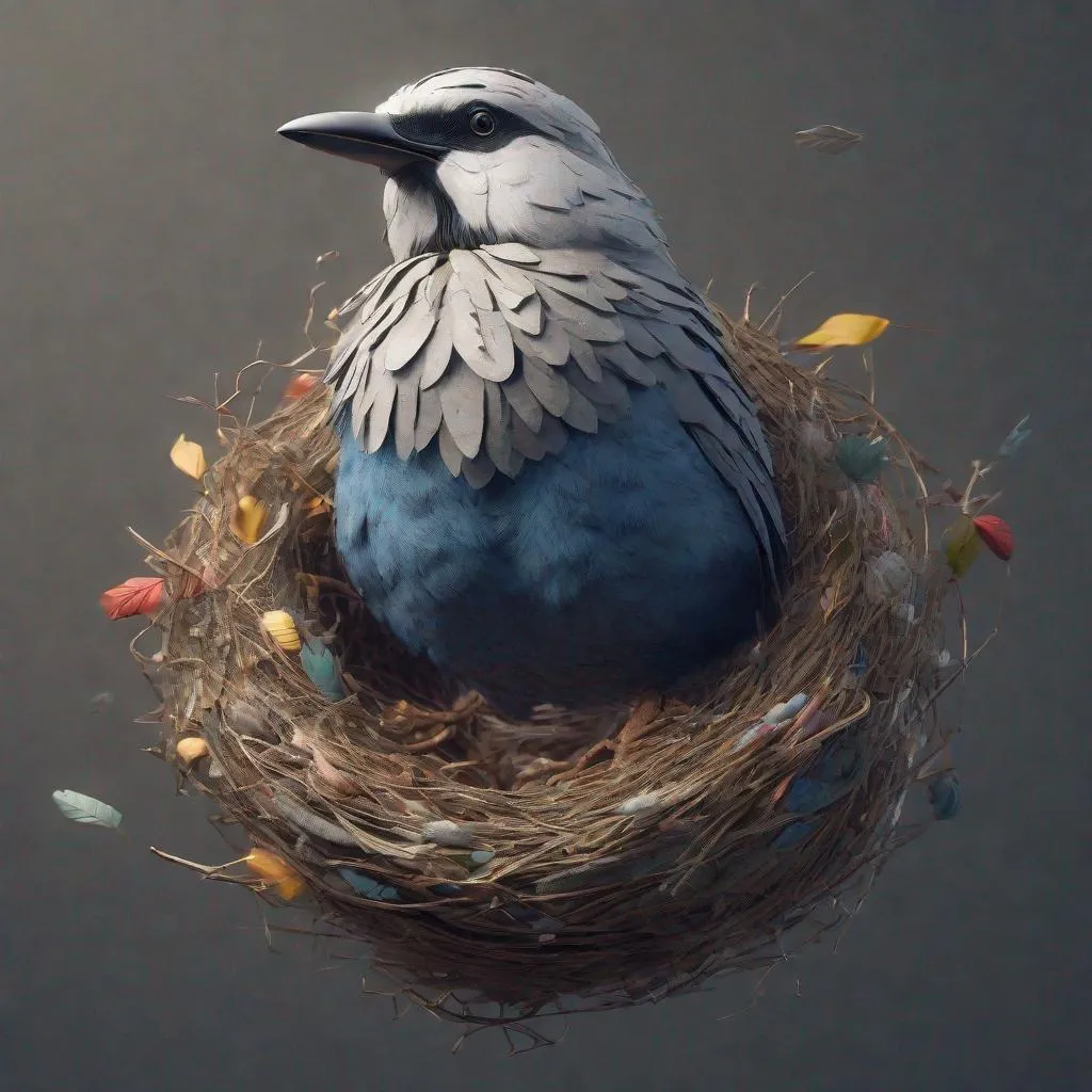 Prompt: Extremely realistic bird. In a sweatshirt, jeans and sneakers. Making a nest. Volumetric lighting, maximalist photo illustrations, 8K concept art, meticulously detailed, complex, expansive, fantastical.