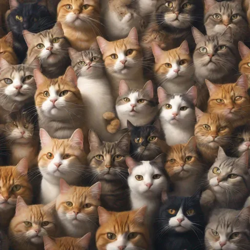 Prompt: Cat selfie, many fat cats, funny, hyperrealism, professional photo, 4k, high resolution, close-up