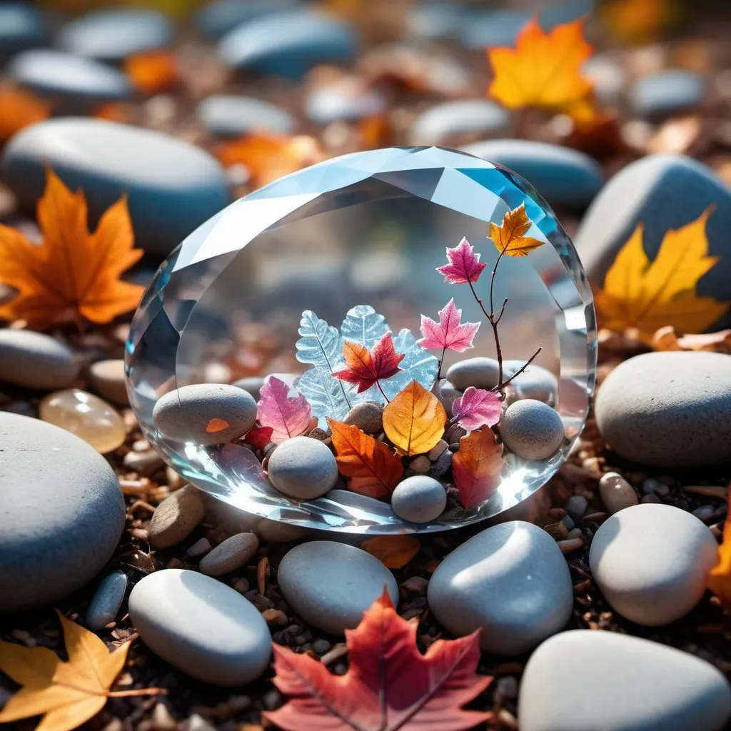 Prompt: bloom forest stones Art in transparent crystal surrounded by long stones , light from sky, a tree in a dream,fallen leaves,fall,cinematic shot 8k,  macro 105mm 1.4g ,bright colors,   background blossom  , trending on artstation, sharp focus, studio photo, intricate details, highly detailed, by Greg Rutkowski