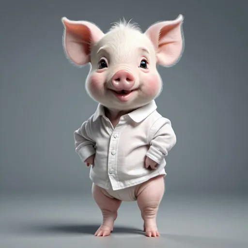 Prompt: Cute white piglet standing on two legs like a person, straight body, looking straight, wearing human clothes, realistic picture 4k