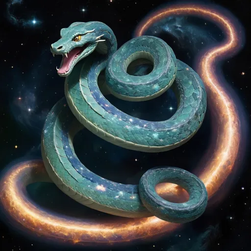 Prompt: Celestial Serpent

Description The Celestial Serpent is a serpentine being that weaves through the cosmos, leaving a trail of stardust in its wake. Its movements mimic the physics of space, creating a mesmerizing experience.