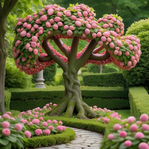 Prompt: tree :: strawberry pink covered pretzel, covered in pink flowers, growing in a beautiful garden with stone paths + green hedges, tranquility