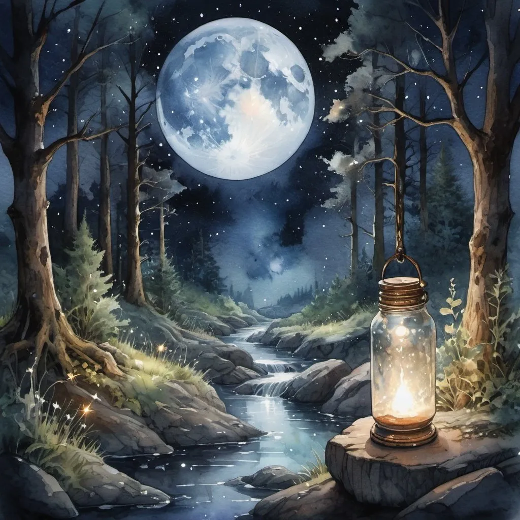 Prompt: spiritual healing in nature, night, stars, moonshine, magic, mystic, 
, Watercolor, trending on artstation, sharp focus, studio photo, intricate details, highly detailed, by greg rutkowski