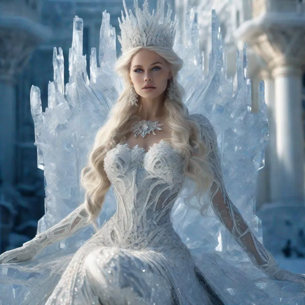 Prompt: stunning queen who looks like she's been carved out of ice and snow. Her clothing is made of intricately crafted ice and snowflakes, each one glistening in the sunlight. Her beauty is breathtaking, as she stands tall and proud in front of a palace made entirely of ice. The palace is a work of art, with every detail carefully crafted to create a stunning and awe-inspiring structure. The queen commands attention with her regal demeanor and icy beauty, her presence exuding a sense of power and elegance. This scene is inspired by Genshin Impact, an anime with a fantastical world full of magic and wonder. --ar 9:16 --q 2 --upbeta --v 5