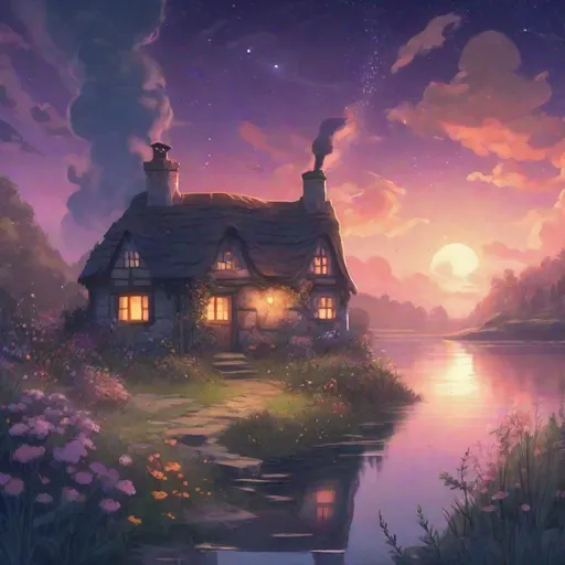 Prompt: Aesthetic, beautiful, painting, witch's cottage, chimney smoke, fantasy, adventure, river, soft, art, RPG, highres, illustration, starry sky, wonderland, wildflowers, cute, lake, sunset