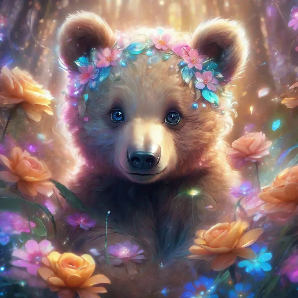 Prompt: Cute colorful magical charming with a beautiful face animal baby bear cub, animal bear cub - baby sequins, holographic filigree, reflective eyes, intricate, extremely detailed, filigree looking into the camera, large round detailed eyes, cute, charming, cutie, flowers, very fluffy, detailed eyes, magic, surrealism, fantasy, digital art, author Ross Tran, Lop-eared, Artgerm and James Jean, Brian Froude, Naimi Kanani, masterpiece of complex art, golden ratio, trend of complex art stations, high detail, ultra-high quality, Mysterious