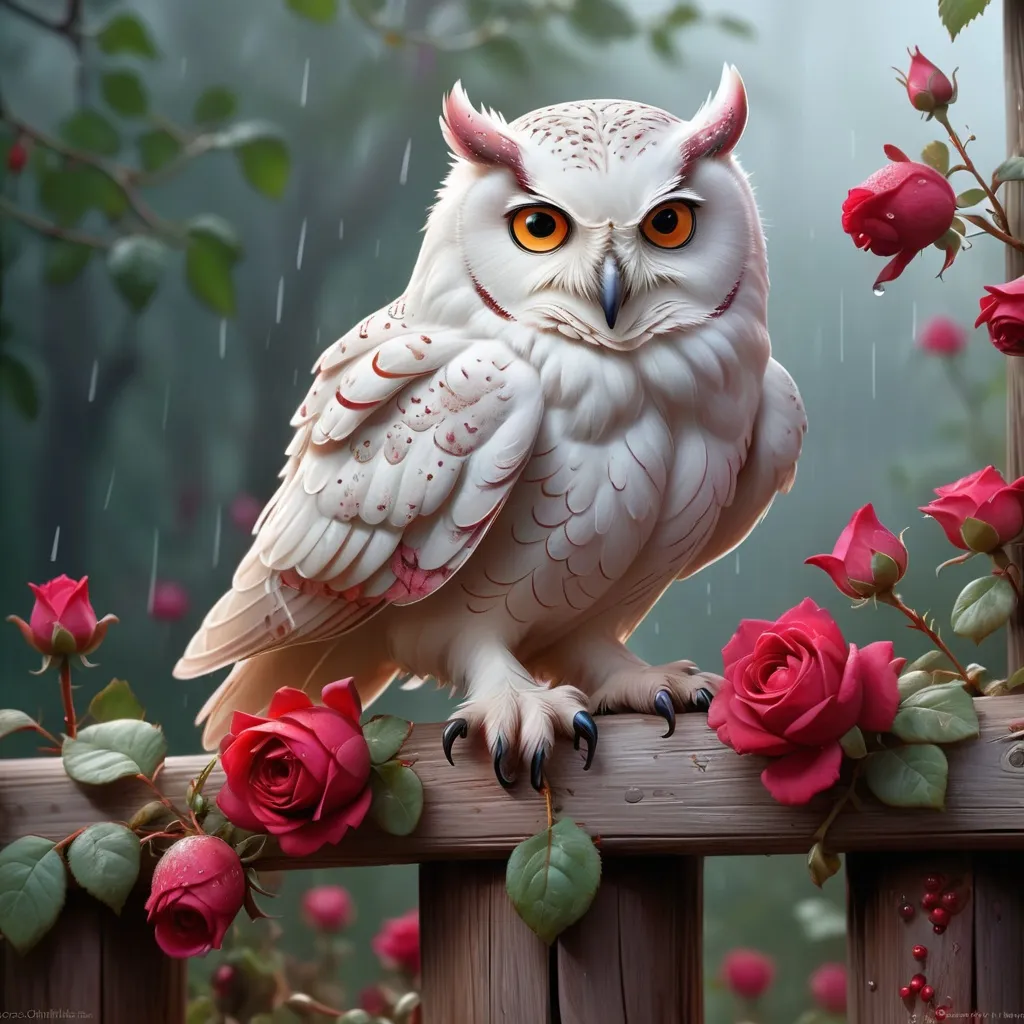 Prompt: A white owl sitting on top of a wooden fence post, crimson rain sought flower, beautiful fantasy art portrait, perfect animal, graphic artist Magali Villeneuve, breathtaking render, by Gwenny Griffiths, doves : : rococo, unusually unique beauty, detailed, made of roses and berries