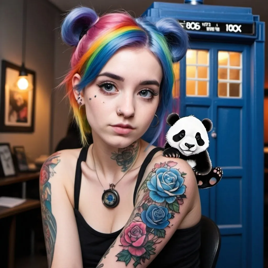 Prompt: one pretty girl with rainbow hair and tattoos and piercings, panda sitting on shoulder, tardis