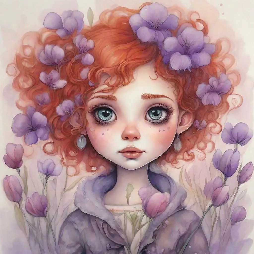 Prompt: a cute girl with red hair with curls and now a fur coat is holding a bouquet of crocuses in the style of Tim Burton
Painting with pastels, felt-tip pens and wet paints
detailed
colorful
pastel colors paintings
white, soft beige, smoky lilac
don't take your eyes off