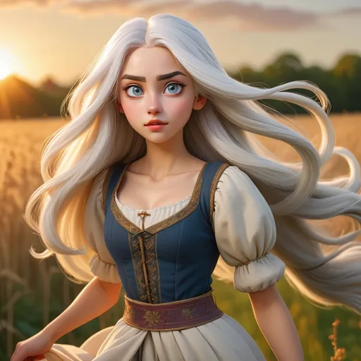 Prompt: beautiful 20 year old women with white hair, white eyebrows, light skin, realistic, ultrarealistic, high quality art, bright eyes, long hair, beauty, real, long hair, symmetrical, anime wide eyes, fair, delicate, medieval, running in a field at golden hour, royal