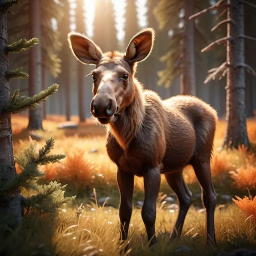 Prompt: Cute orange baby moose standing and chewing grass, fur detail, expressive eyes, Orange and red spruce forest, sunset, soft rays breaking through branches, surrealism, fantasy art, professional photo, cinematic, sharp focus, hyperrealism, hyperdetail, high quality, attention to detail, lots of details, natural realism, art botanical, hd, 5d rendering, ray tracing, cgi, unreal engine 5, 64k 