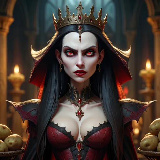 Prompt: Vampire Queen reimagined by TanvirTamim, oilpainting style, symmetrical, soft lighting, intricate details, highly detailed, unreal engine, sharp focus, studio photo, intricate details, by greg rutkowski, Might produce some random potatoes when remixed !!!