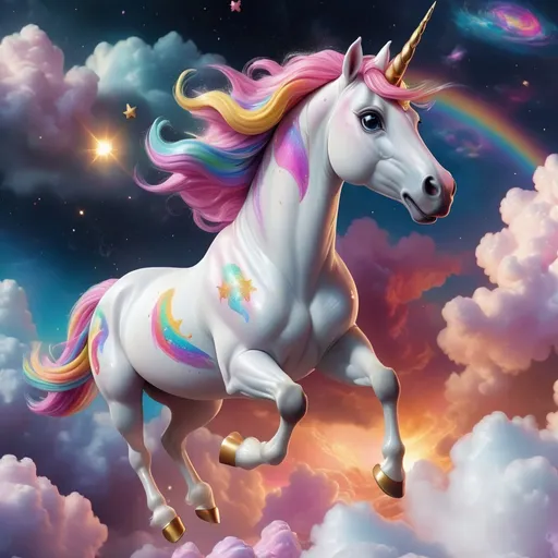 Prompt: a beautiful hyper realistic unicorn in the style of Disney and Lisa Frank running through clouds in space