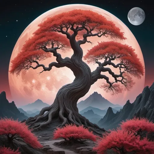 Prompt:  An enigmatic landscape basks in the ghostly glow of a vermillion moon, with an extraordinary tree spreading its majestic, contorted shape under the celestial sphere, its radiance highlighting shimmering blossoms. Strength and resilience are symbolized by its stout roots, dug deep into a coarse stone formation. Majestic mountains, shrouded in a mystic haze, provide an awe-inspiring background. A