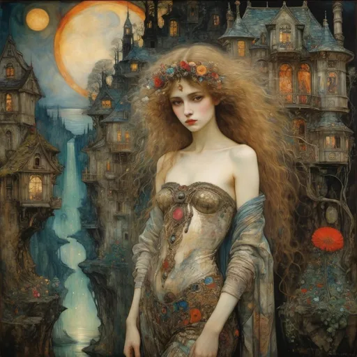Prompt: Gustave Moreau Arthur Rackham Gustav Klimt acrylic and oil on silk dreamlike psychedelic dreamscape chiaroscuro mystical moody She lives on Love Street
Lingers long on Love Street
She has a house and garden
I would like to see what happens