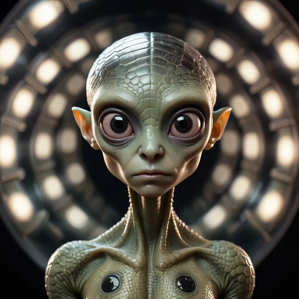 Prompt: Wide angle, full body photo of a female reptilian alien, with large head and deep black eyes, very little hair. by Flora Borsi. amazing details, hyper-realistic photograph, made of billions of intricate small mirrors, GODLIKE, bokeh, studio photography, cinematic lighting. depth of field. 8k