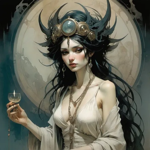 Prompt: "The Priestess" Illustrator, Style by Harrison Fisher and Brian Froud and Jeremy Mann and Alexandre Cabanel and Ralph Steadman and Tomer Hanuka and remedios Varo and Jocelyn Hobbie, Mysterious