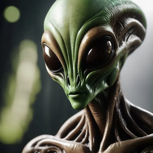 Prompt: alien with (green and brown) wood skin, ultra realistic, big black eyes reflective, unreal engine, octane render, 8k, chiaroscuro
