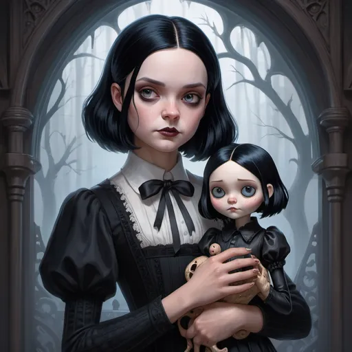 Prompt: beautiful cottagecore  Wednesday Addams holding a Coraline doll, Black Hair, Goth, gothic, castlevania, intricate, elegant, highly detailed, digital painting, artstation, concept art, smooth, sharp, focus, illustration, art by artgerm and greg rutkowski and alphonse mucha