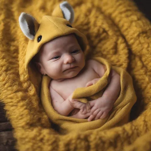 Prompt: newborn baby yellow costume wallaby , lovely , cinematic detail