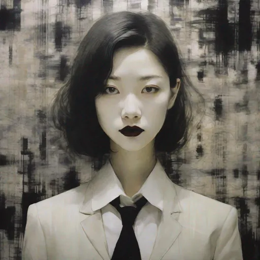 Prompt: yoshitaka amano blurred and dreamy realistic three quarter angle portrait of a young woman with black lipstick and black eyes wearing office suit with tie, david lynch abstract patterns in the background, satoshi kon anime, noisy film grain effect, highly detailed, renaissance oil painting, weird portrait angle, blurred lost edges