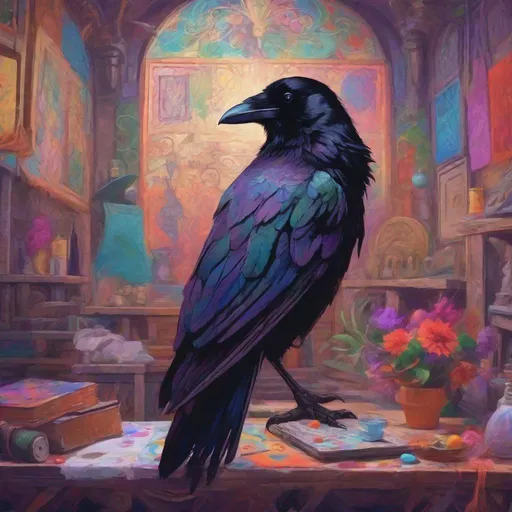 Prompt: Dungeon synth aesthetic, a beautiful raven in colorful clothes, painting a lovely picture on a canvas, indoor, daytime