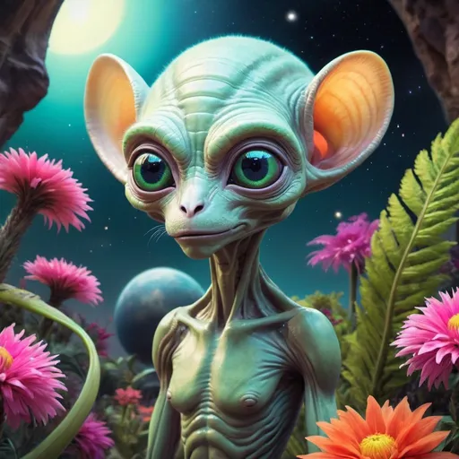 Prompt: Create a vivid and enchanting portrait  featuring a cute ((furry alien animal)) perched amidst a garden filled with exotic and vibrant alien flowers on a distant and otherworldly planet. Capture the unique beauty of the surroundings, highlighting the creature's adorable qualities as it interacts with the alien flora. Let the imagination run wild with colors, shapes, and textures that are beyond earthly norms, painting a picture of a charming extraterrestrial oasis.