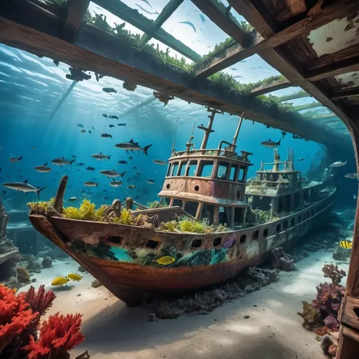 Prompt: a underwater shipwreck with colorful fish and sharks also colorful plants intricate details, HDR, beautifully shot, hyperrealistic, sharp focus, 64 megapixels, perfect composition, high contrast, cinematic, atmospheric, moody