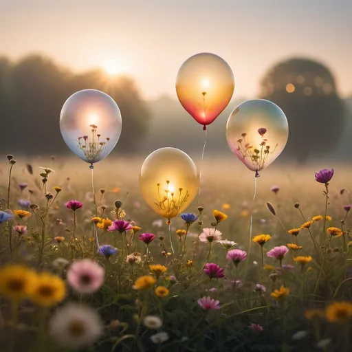 Prompt: Transparent balloons, filled with colorful flowers, drift above wildflower meadow, sizes varying, tethered by thin strings, blending flora with floating objects, setting or rising sun casting soft, warm light, delicate rays filtering through mist, dreamlike quality, warm glow, surreal enchanting photograph, soft focus, bokeh effect, ethereal ambiance, golden hour lighting, cinematic.