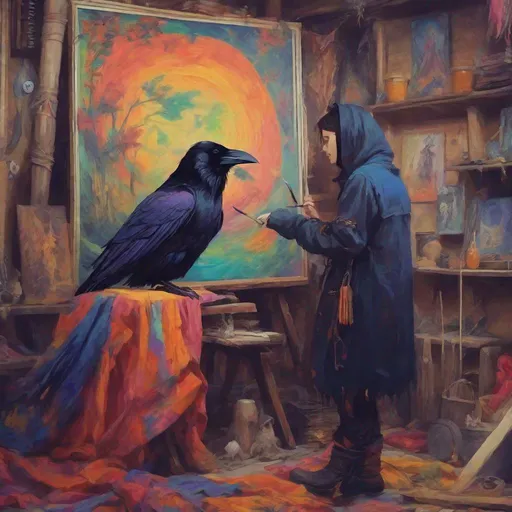 Prompt: Dungeon synth aesthetic, a beautiful raven in colorful clothes, painting a lovely picture on a canvas, indoor, daytime