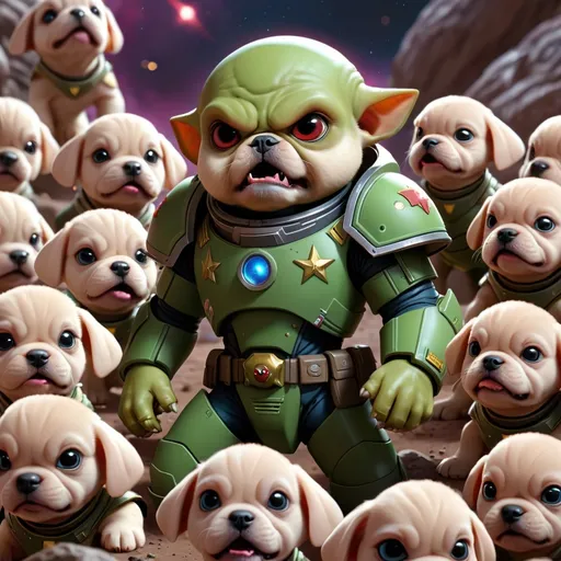 Prompt: A Starfleet space marine fighting an army of the cutest little alien puppies. Distant planet. Doom. Full render. Full color.