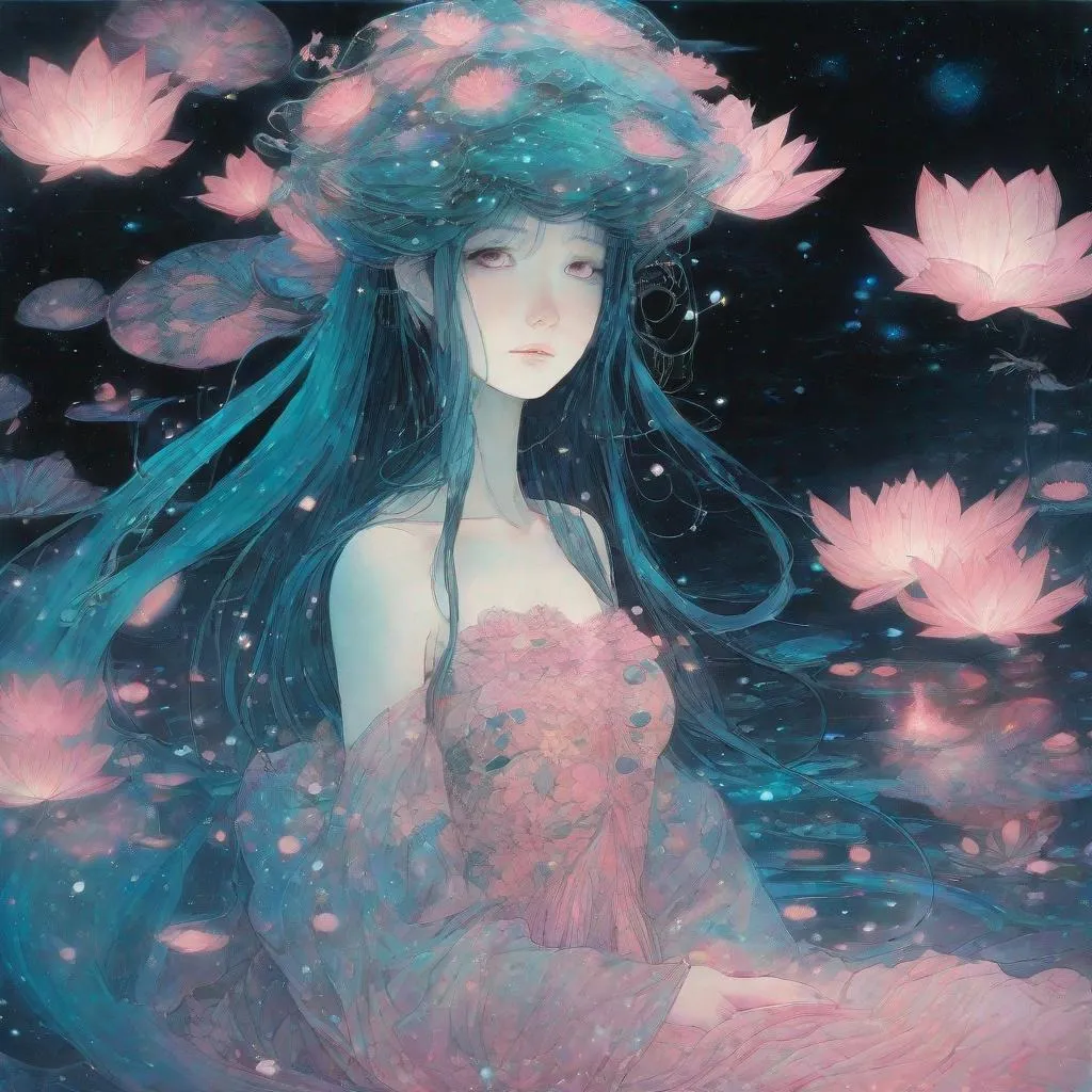 Prompt: beautiful girl, pixar, Yoshitaka Amano, midnight, lake, bioluminescent, veils, intricate frock, stars, silk, lilypads, nebula, galaxy, luminous, soft light, teal, pink, black