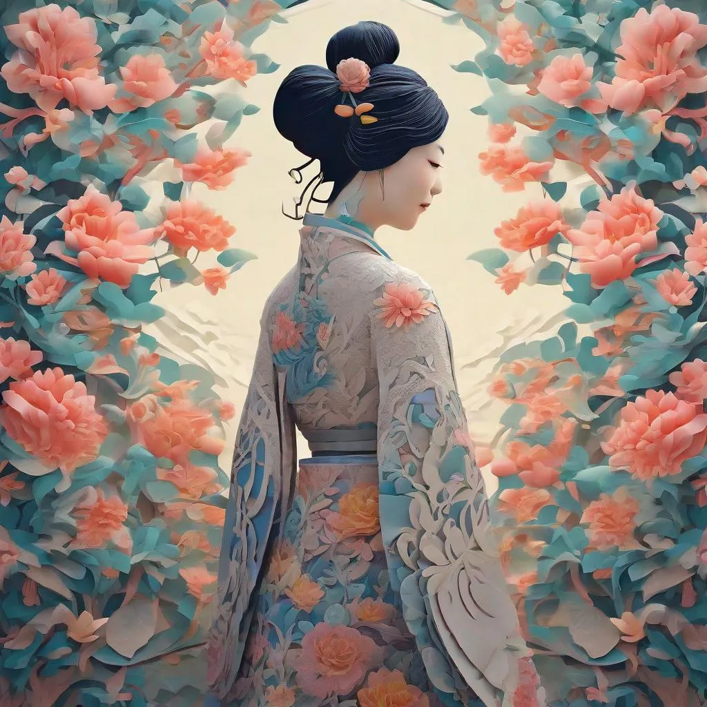 Prompt: (Mysterious woman, phantom effect, chinese papercutting, intricate design, three-dimensional pattern, delicate craftsmanship, creative expression, texture art, blooming flowers, colorful petals, fragrant scent, blessings of nature, vitality Filled gardens, tranquil landscapes, perfectly composed works), Unreal Engine, Octane rendering, high quality, high resolution, high precision, realistic, color correction, proper lighting settings, low noise, sharp edges, harmonious composition, award-winning work