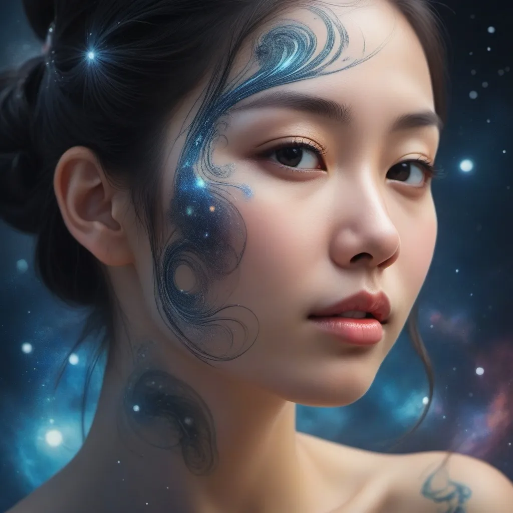 Prompt: She has a cosmic aura radiating with gentle light flow, by TanvirTamim, calligraphy, acrylic: chinese ink color art, by greg rutkowski, Might produce some random potatoes when remixed !!, Miki Asai Macro photography, close-up, hyper detailed, trending on artstation, sharp focus, studio photo, intricate details, highly detailed, by greg rutkowski