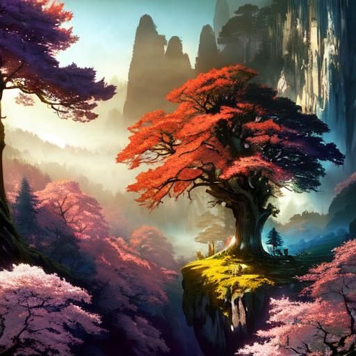 Prompt: ((highly detailed sharp focus 4k UHD wallpaper)) 9:16 breathtaking awe inspiring giant forest at twilight hour, majestic oak trees, Sakura trees, hobbit houses on the cliffside, magical, iridescent, fairycore, mountains in the distance, dramatic foreground framing, art by Stephan Martinière and Liam Wong, Caspar David Friedrich, Jessica Rossier, and Ferdinand Knab.