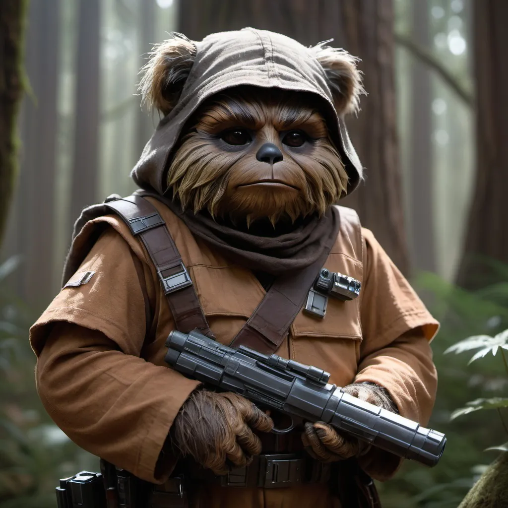 Prompt: An Ewok bounty hunter, Star Wars, professional photography, natural light, UHD, 8K, backlight, 3D effect, trending on ArtStation, sharp focus, studio shot, intricate detail, highly detailed, by David Hamilton, hyperrealistic paintings, cinematic plan, trending on artstation, sharp focus, studio photo, intricate details, highly detailed, by greg rutkowski