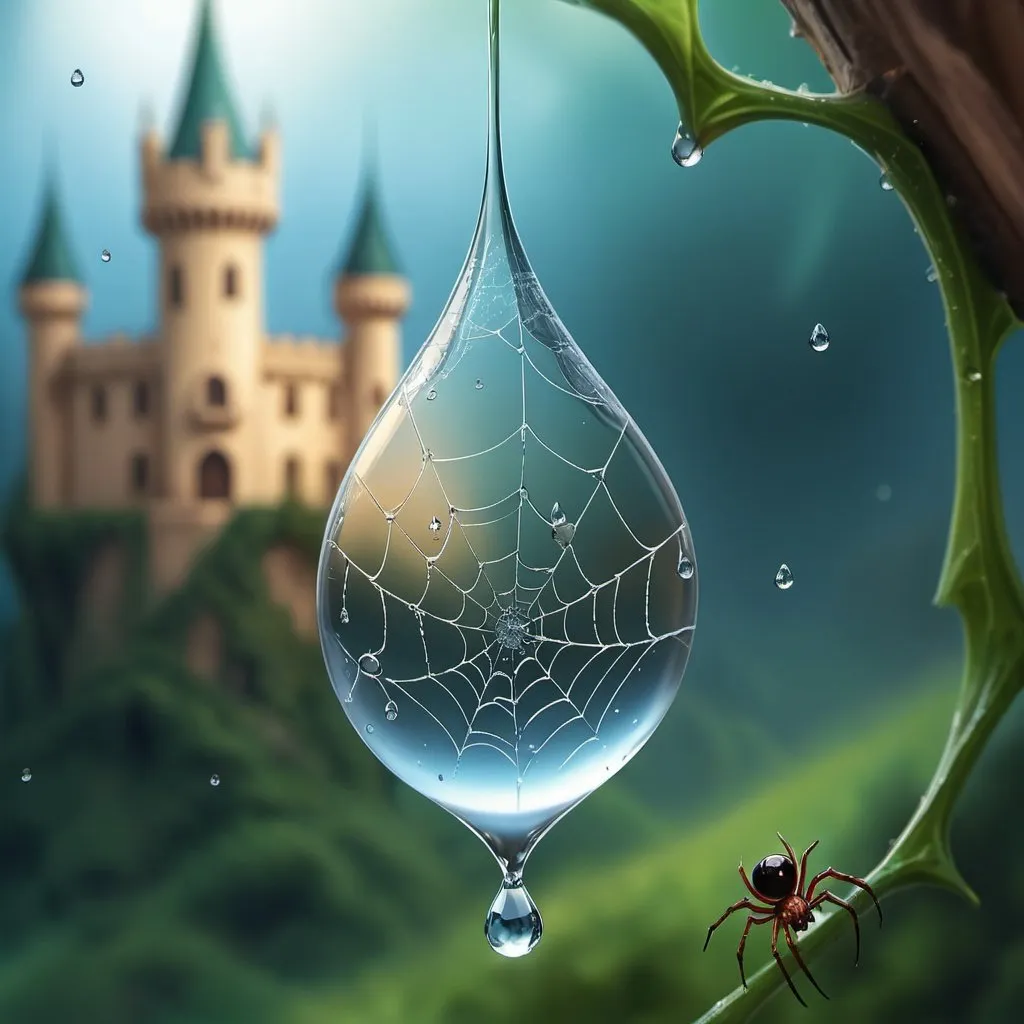 Prompt: Close-up digital painting capturing a dewdrop suspended on a spider's web, (Re) AlDeeb AlDeeb madness 🎨, by o.f.a., by aldeeb, contains a miniature fairytale castle refracted within, background merging reality with fantasy through a bokeh effect, selective focus on dewdrop, ultra fine details evoke a magical atmosphere, cinematic quality.