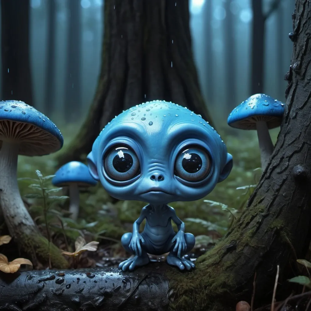 Prompt: a realiste blue cute   alien  , big eyes blacks , mushrooms in trees, , nigth , forest rain, hyperrealist , detailed, digital photo 4k --s 50