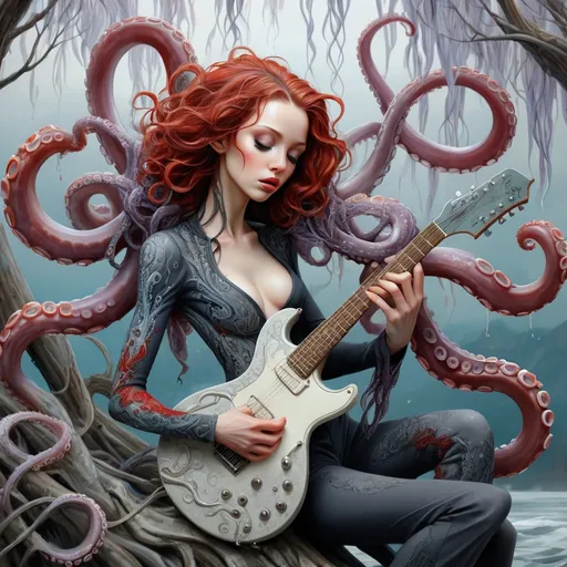 Prompt: art by cameron gray
 karol bak, Seb McKinnon,   
ultra highly detailed, detailed 
digital painting, highly detailed, intricated, intricated pose, clarity, high quality

"The octopus explain tentacles, playing guitar, grey/red, deep sea, weeping willow on the bank, intricately detailed, hyperdetailed, surreal, flowing acrylic  :: fantastical watercolour calligraphy by WLOP"
