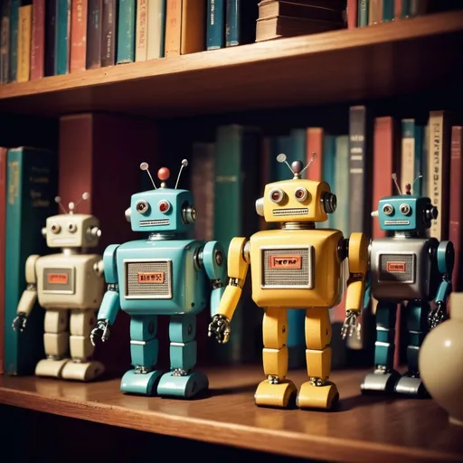Prompt: Photograph of toy robots. 1950s style. having a party. On a shelf. Books in background. Night time. Depth of field 270mm.
