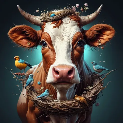 Prompt: stunning image of a cute adorable cow with huge beautiful eyes with a bird's nest on the head " dark fantasy concept art, by Alberto Seveso, Cyril Rolando, Dan Mumford, Carne Griffiths, Meaningful Visual Art, Detailed Strange Painting, Digital Illustration, Unreal Engine 5, 32k maximalist, hyperdetailed fantasy art, 3d digital art, sharp focus, masterpiece, fine art
