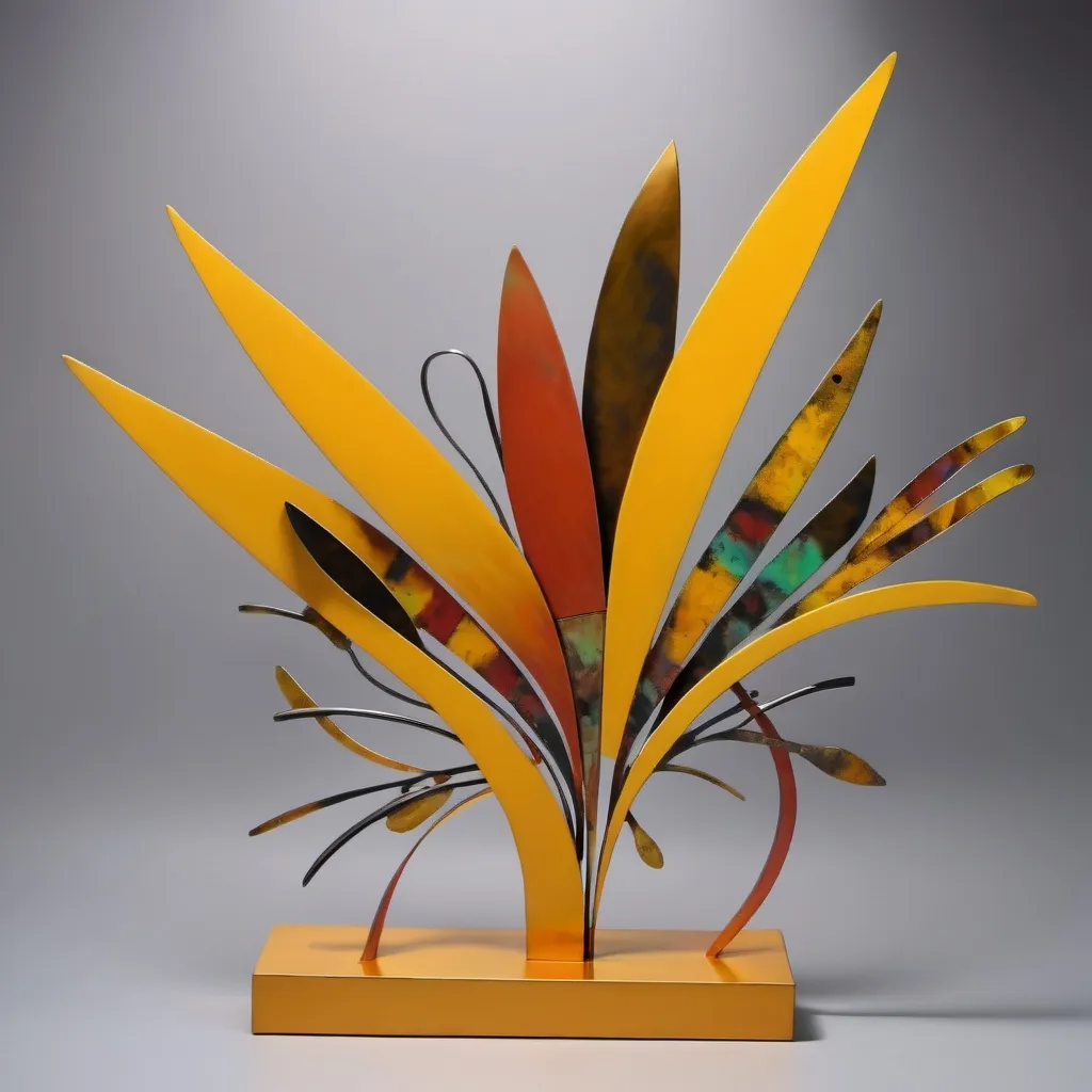 Prompt: unique metal abstract tabletop sculpture, goldenrod metal, colorful background