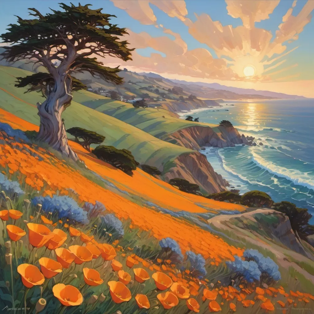 Prompt: Scenic Landscape, Rolling Coastal hills, California Poppies, Baby's-Blue-Eyes Flowers, windblown cypress tree, jagged coastline, small coastal village, crashing waves, ocean, sunset, puffy clouds, hyperdetailed, Erin Hanson, Donato Giancola, Nicolas de Stael, cinematic lighting, long shadows
