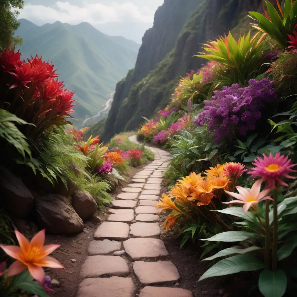 Prompt: Exotic adventurous view of a pathway up a mountain, surrounded by exotic flowers and plants, colorful landscape, film photography, portrait shot, intricate details of the flowers and road path, shallow depth of field, selective focus, sense of depth, dimensionality, dramatic chiaroscuro lighting, rich deep colors, dramatic texture, atmospheric effects, ethereal, intrigue, epic detail, mystical, professional color grading, soft shadows, clean sharp focus, 8k