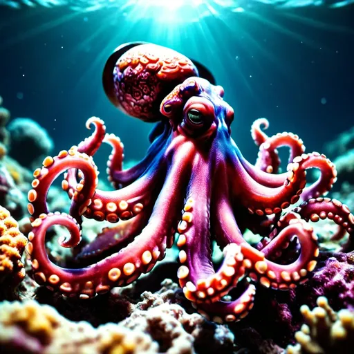 Prompt: A vibrant and colorful octopus in a universe of coral, peaceful, serene, foreground, background, cinematic shot