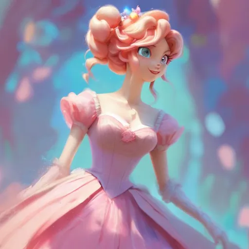 Prompt: Digital style painting, Princess Peach, style of Pixar, blue eyes, pink dress, Fragonard, highly-detailed, cinematic, washed out palette, soft pastel color palette, light trails, sunny day, translucent, iridescent, long hair, arms visible, perfect composition, hyperrealistic, super detailed, 8k, high quality, sharp focus, intricate details, highly detailed, dynamic lighting, detailed and intricate environment, highest quality