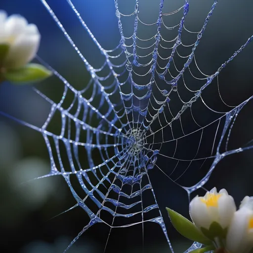 Prompt: "A mesmerizing spider's web, intricately woven with small blue flowers, creating a stunning contrast against the dark background.", Miki Asai Macro photography, close-up, hyper detailed, trending on artstation, sharp focus, studio photo, intricate details, highly detailed, by greg rutkowski
