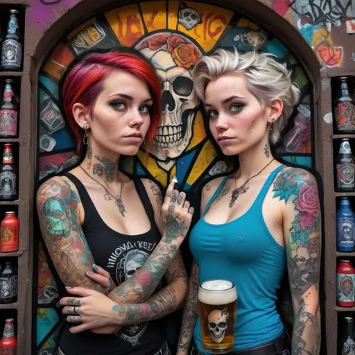 Prompt: Punk versions of Anna and Elsa surrounded by garbage, skull imagery, bottles of beer, discarded cigarettes with their distinct facial features remaining untouched, bearing intricate tattoos, color clash, subcultural aesthetics, street art inspiration, digital rendering, vivid contrast, urban decay backdrop, low-light environment, grimy textures, bold tattoo designs.