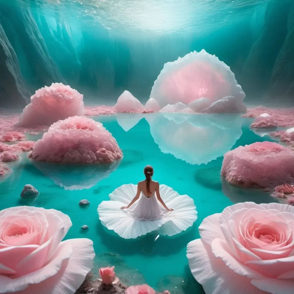 Prompt: A woman in a white dress floats
peacefully in turquoise water at the foot
of giant rose quartz crystals and geodes.
the ground is covered with turquoise
ripply water and there is a light fog
around it. otherworldly crystal landscape
and otherworldly wildflowers::3
aura, soft pastel colours, spiritual
symbolism,::1